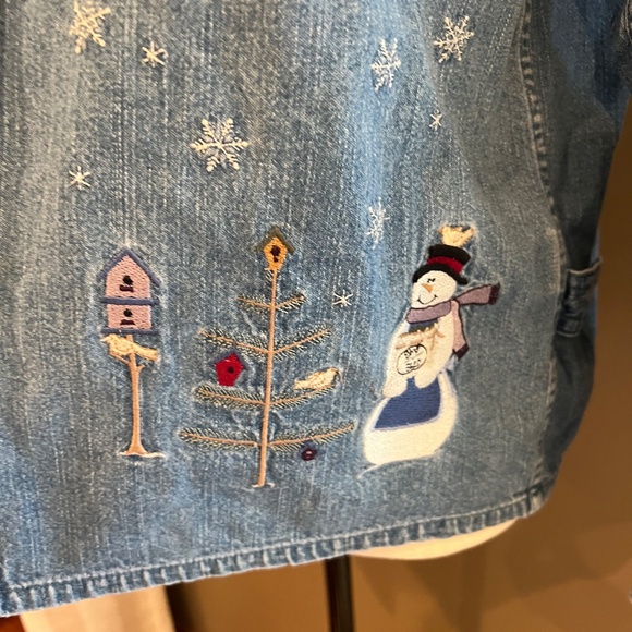 Vintage Christopher & Banks Embroidered Denim Snowman Button-up Shirt, Size Med - Picture 3 of 14